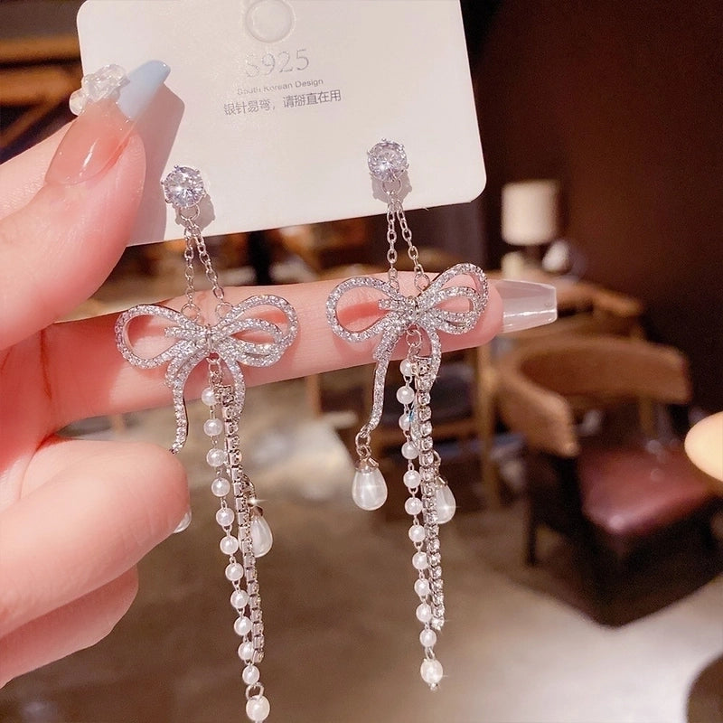 Fashion Flower Butterfly Bow Knot Copper Inlay Artificial Pearls Zircon Drop Earrings 1 Pair