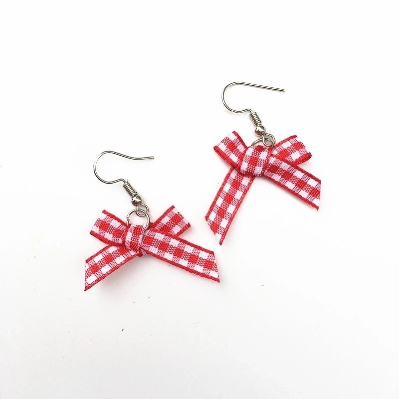 Retro Plaid Bow Cute Mink Plush Ball Strawberry Cake Ear Clip Christmas Earrings