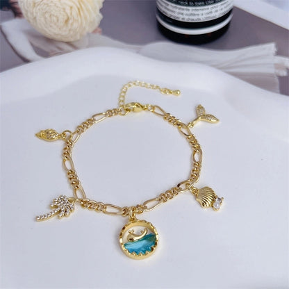 Copper 18K Gold Plated Inlay Coconut Tree Conch Dolphin Zircon Bracelets