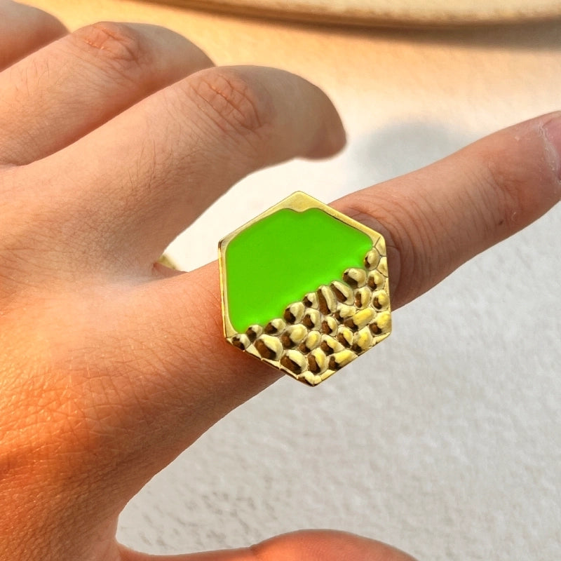 Casual Retro Hexagon 304 Stainless Steel 18K Gold Plated Enamel Open Rings