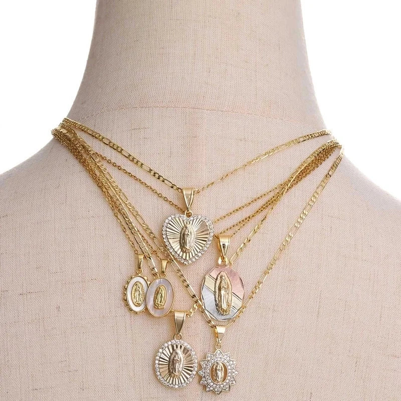 Religion Classic Style Human Virgin Mary 201 Stainless Steel Copper Shell Zircon 18K Gold Plated Pendant Necklace