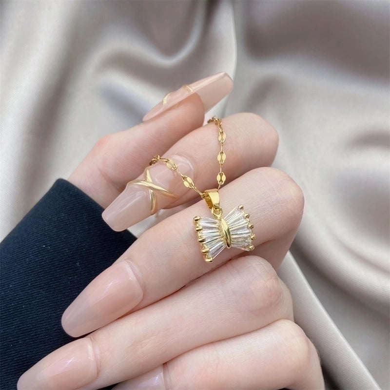 Minimalist Bow Knot Titanium Steel Copper Inlay Rhinestones Pendant Necklace