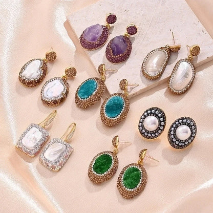 1 Pair/Package Casual Vintage Style Vacation Square Oval Polishing Inlay Copper Acrylic Rhinestones Clay 18K Gold Plated Drop Earrings