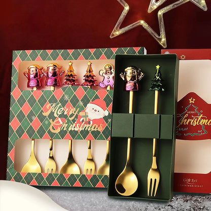 J Christmas Spoon Set Cartoon Colorful Santa Claus Christmas Tree Spoon Fork Coffee Dessert Spoon Gift Box