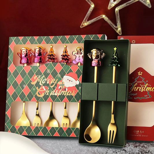 J Christmas Spoon Set Cartoon Colorful Santa Claus Christmas Tree Spoon Fork Coffee Dessert Spoon Gift Box