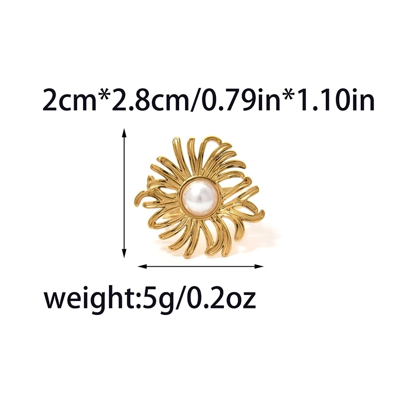 Elegant Luxurious Baroque Style Pentagram Sun Flower 304 Stainless Steel Pearl 14K Gold Plated Open Rings