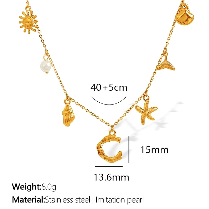 Beach Starfish 304 Stainless Steel Artificial Pearls 18K Gold Plated Polishing Inlay Pendant Necklace