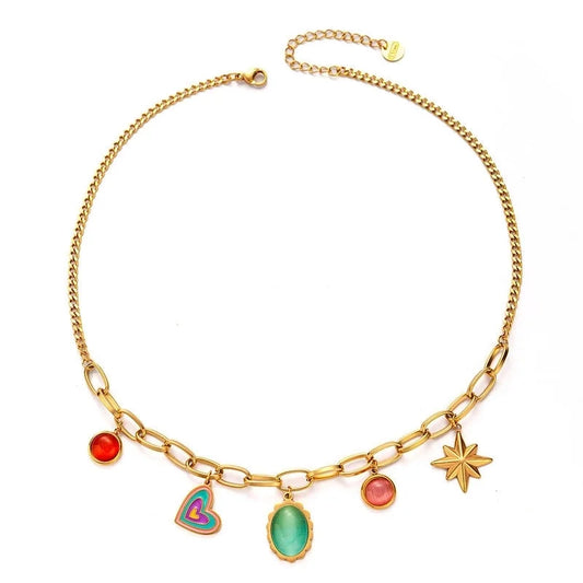 IG Style Round Star Heart Shape Titanium Steel Artificial Gemstones Plating Inlay Multi Charms Necklace
