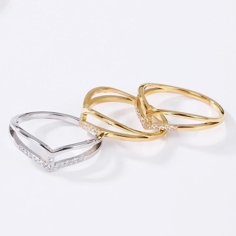 2 Pieces Minimalist V Shape Titanium Steel Zircon Rings