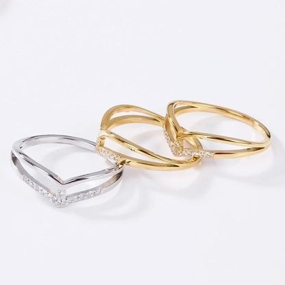 2 Pieces Minimalist V Shape Titanium Steel Zircon Rings