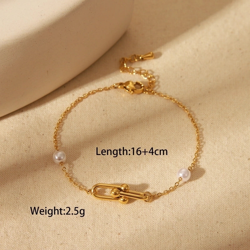 Luxurious Minimalist Commute Solid Color Horseshoe Buckle 304 Stainless Steel 18K Gold Plated Imitation Pearl Bracelets Necklace