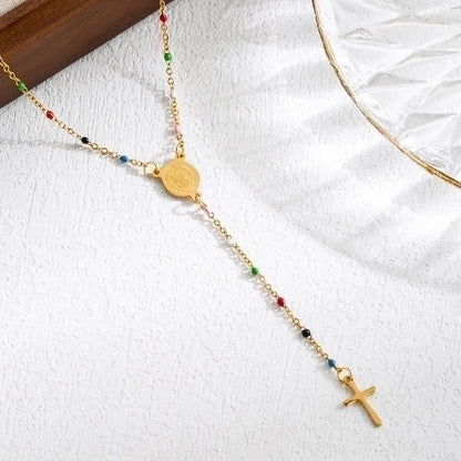 3 Pieces Elegant Classical Cross Virgin Mary Priest Stainless Steel Beaded Plating 18k Gold Plated Necklace