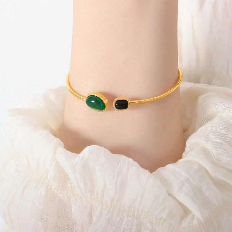 Elegant Oval Titanium Steel 18K Gold Plated Agate Cuff Bracelets In Bulk