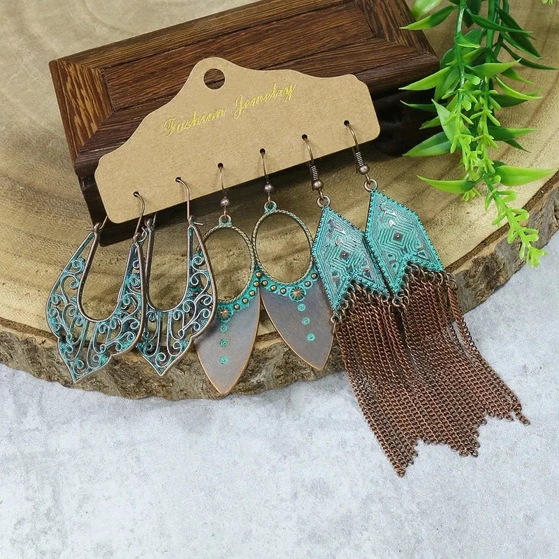 Hot 3-piece Vintage Red Earrings Set Geometric Turquoise Tassel Bohemian Minority Earrings