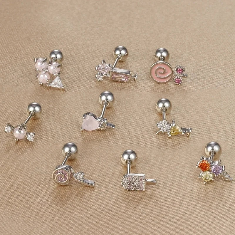 1 Piece Ear Cartilage Rings & Studs IG Style Ice Cream Heart Shape Candy 304 Stainless Steel Inlay Zircon 18K Gold Plated Ear Cartilage Rings & Studs