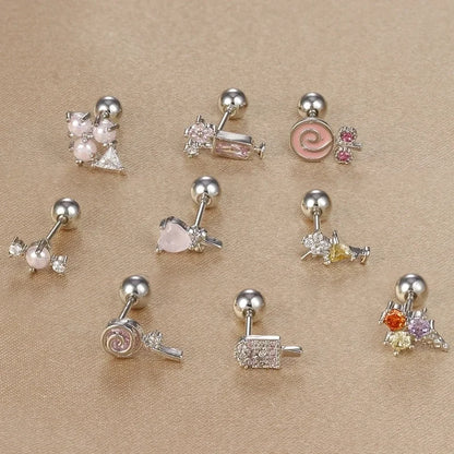 1 Piece Ear Cartilage Rings & Studs IG Style Ice Cream Heart Shape Candy 304 Stainless Steel Inlay Zircon 18K Gold Plated Ear Cartilage Rings & Studs