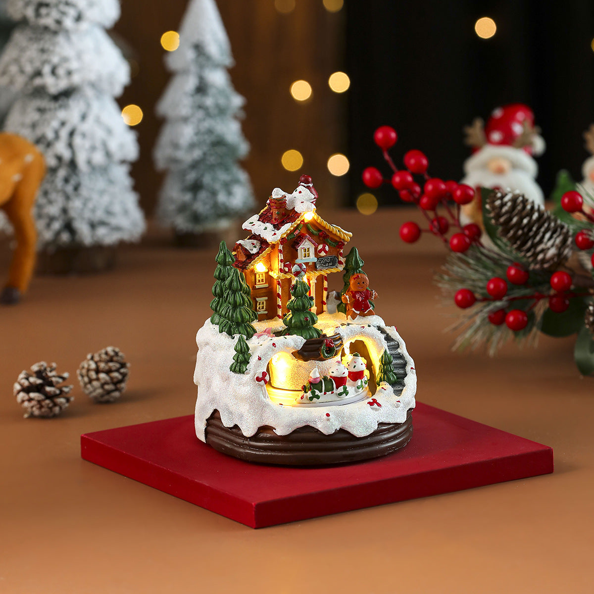 Multiple Christmas Rotating Resin Glowing Music Box Ornaments Rotating Small Train Christmas Gift