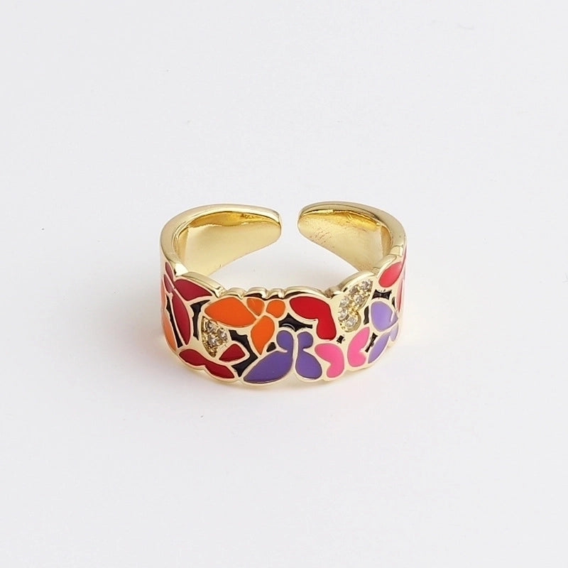 Retro Color Block Copper Open Ring Inlay Zircon Copper Rings