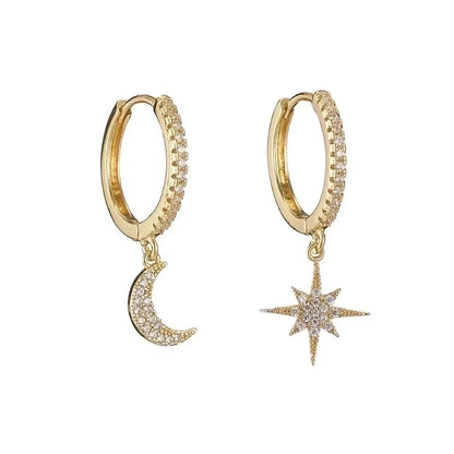 Simple Geometric Moon Snowflake Copper Inlaid Zirconium Irregular Earrings