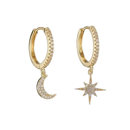 Simple Geometric Moon Snowflake Copper Inlaid Zirconium Irregular Earrings