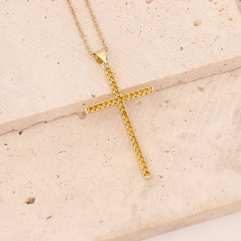 Stainless Steel Copper 18K Gold Plated Fashion Inlay Cross Zircon Pendant Necklace