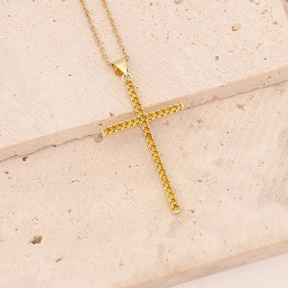 Stainless Steel Copper 18K Gold Plated Fashion Inlay Cross Zircon Pendant Necklace