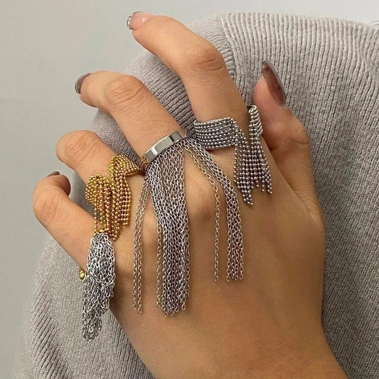 Glam Geometric Stainless Steel Tassel Plating Rings