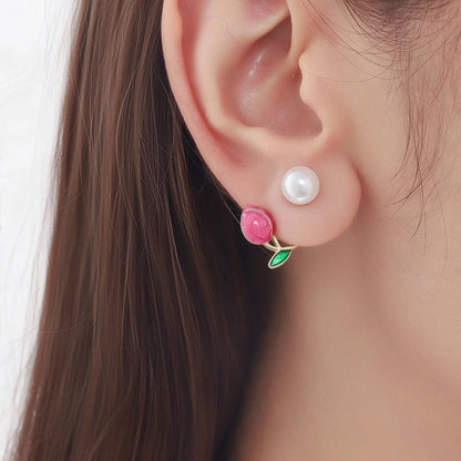 1 Pair Sweet Flower Enamel Plating Inlay Alloy Artificial Pearls Glass Earrings