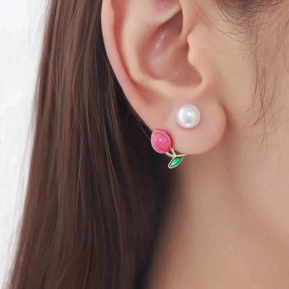 1 Pair Sweet Flower Enamel Plating Inlay Alloy Artificial Pearls Glass Earrings
