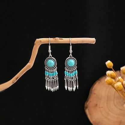 Bohemian Blue Turquoise National Style Earrings Imitation Miao Silver Metal Earrings Vintage Tassel Earrings