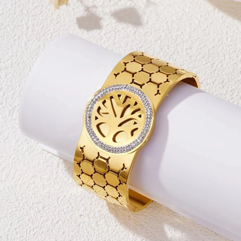 Exaggerated Luxurious Classic Style Life Tree Titanium Steel Inlay Rhinestones 18K Gold Plated Women's Bangle