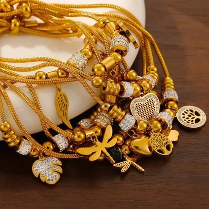 Retro Minimalist British Style Round Heart Shape Life Tree 304 Stainless Steel 18K Gold Plated Rhinestones Bracelets In Bulk