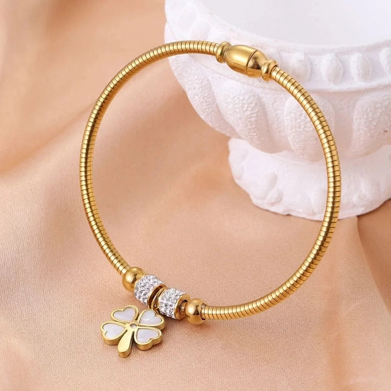 Streetwear Four Leaf Clover Heart Shape Titanium Steel Bangle In Bulk