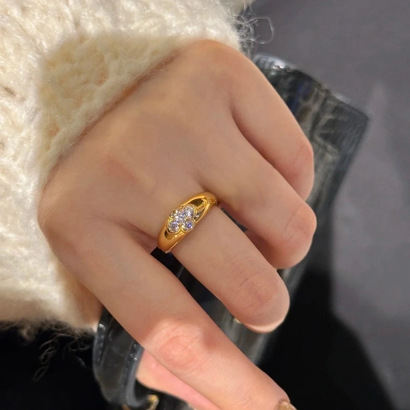 Elegant Lady Four Leaf Clover Flower Copper Mixed Metal Rings Bracelets Necklace