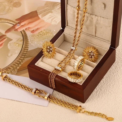 Titanium Steel 18K Gold Plated Lady Minimalist Classic Style Plating Inlay Twist Rhinestones Zircon Jewelry Set