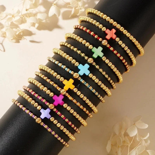 Hot Selling Fashionable Golden Luxury Copper Bead Beaded Gothic Cross Women's Stretch Bracelet 3-Piece Set