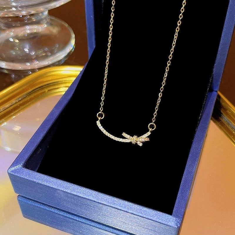 Elegant Classic Style Geometric Moon Bow Knot Titanium Steel Zircon Pendant Necklace