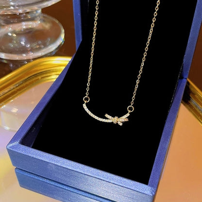 Elegant Classic Style Geometric Moon Bow Knot Titanium Steel Zircon Pendant Necklace