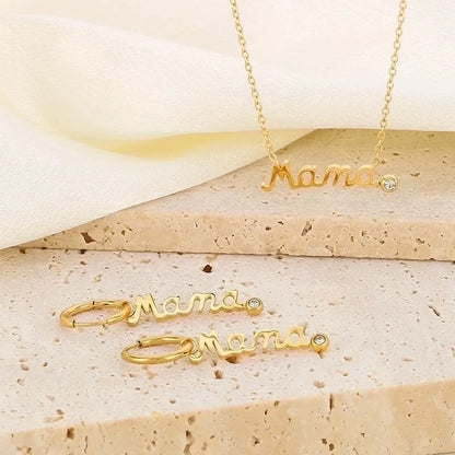 304 Stainless Steel 18K Gold Plated MAMA Minimalist Inlay Letter Zircon Earrings Necklace
