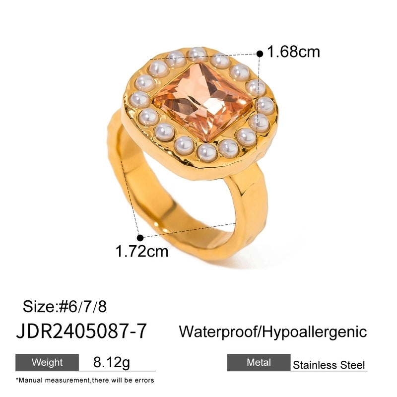 Exaggerated Geometric 304 Stainless Steel Pearl Zircon Gold Plated Plating Inlay Open Rings