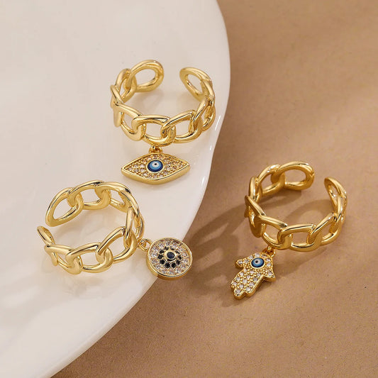 Minimalist Women Evil Eye Geometric Copper Inlay Rings