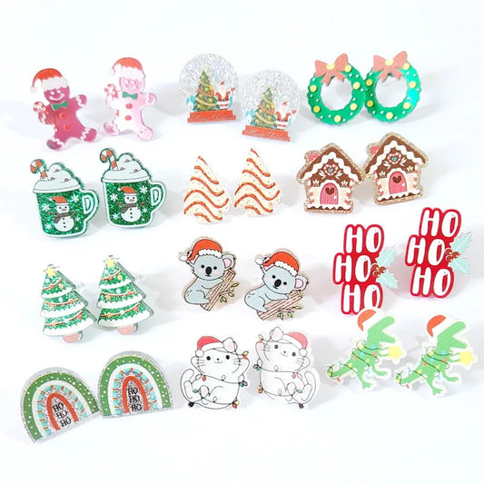 Christmas Christmas Tree Rainbow Sloth Dinosaur Candy House Crystal Ball Christmas Ball Cup Gingerbread Man Earrings