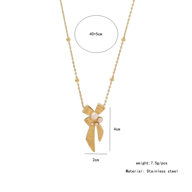 Elegant Streetwear Commute Heart Shape Bow Knot 304 Stainless Steel Artificial Pearls 18K Gold Plated Inlay Earrings Necklace Jewelry Set