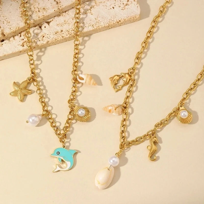 Cute Starfish Dolphin Shell 304 Stainless Steel Imitation Pearl Imitating Stone 18K Gold Plated Enamel Plating Inlay Multi Charms Necklace