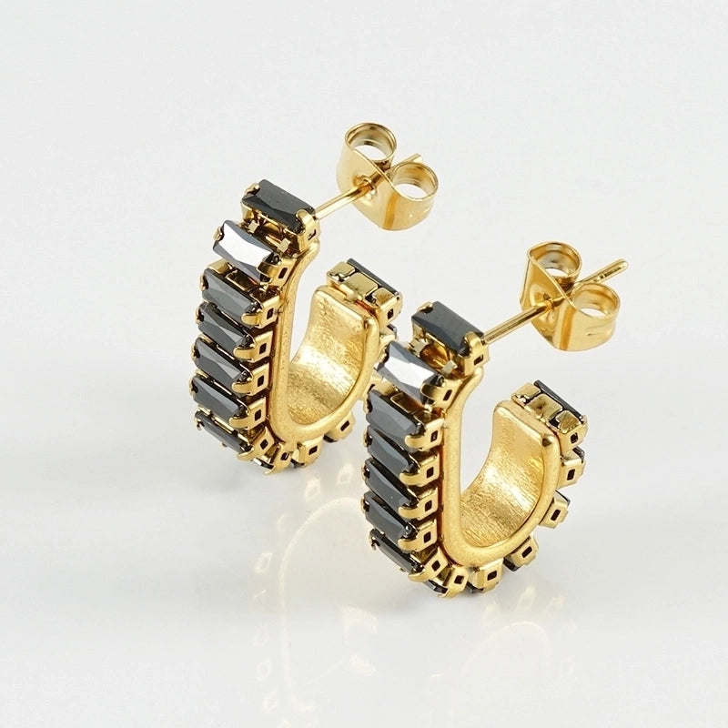 1 Pair Fashion U Shape Plating Inlay 304 Stainless Steel Rhinestones 18K Gold Plated Stainless Steel Earrings