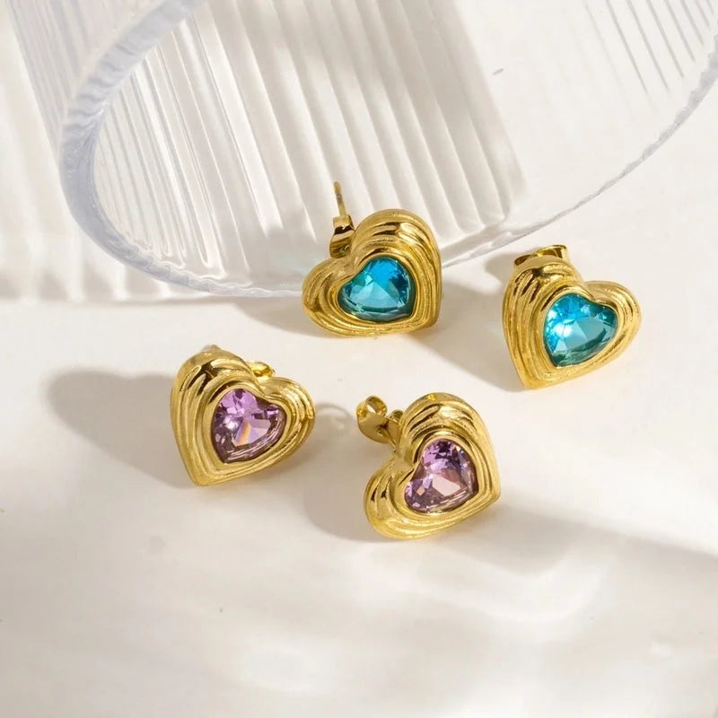 1 Pair IG Style Minimalist Classic Style Heart Shape Inlay 304 Stainless Steel Rhinestones 14K Gold Plated Ear Studs