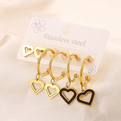 3 Pairs Minimalist Heart Shape Flower Enamel 304 Stainless Steel 18K Gold Plated Drop Earrings Ear Studs