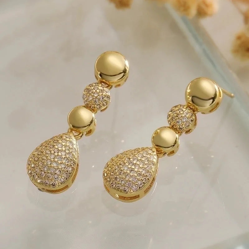 1 Pair Retro Minimalist Commute Round Water Droplets Inlay Copper Zircon 18K Gold Plated Drop Earrings