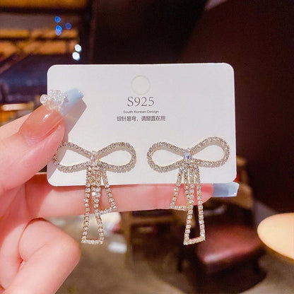 Fashion Heart Shape Bow Knot Copper Inlay Zircon Drop Earrings 1 Pair