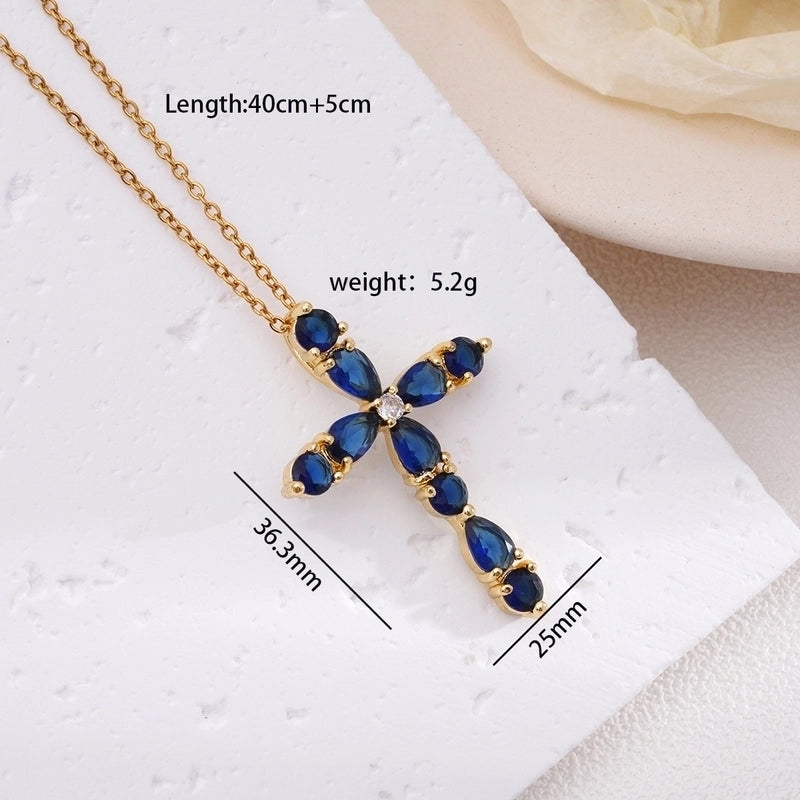 304 Stainless Steel Copper Inlay Cross Zircon Pendant Necklace
